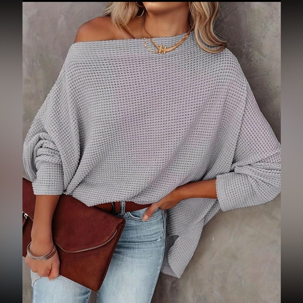 🔥NWOT Batwing Wide Boatneck Off Shoulder Dolman Long Sleeve Medium Knit Top - Picture 4 of 16